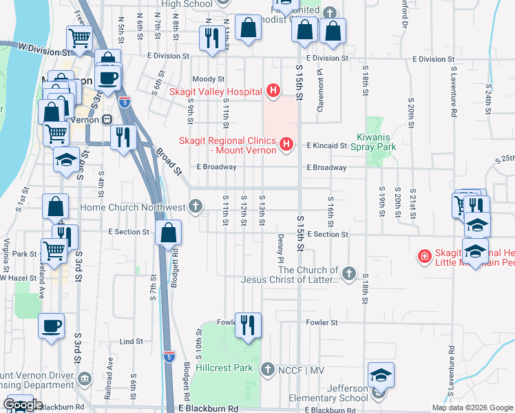 map of restaurants, bars, coffee shops, grocery stores, and more near 1302 Broad Street in Mount Vernon