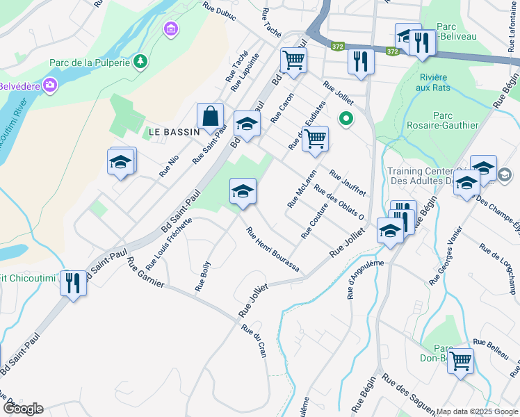 map of restaurants, bars, coffee shops, grocery stores, and more near 197 Rue Thomas Duperré in Saguenay