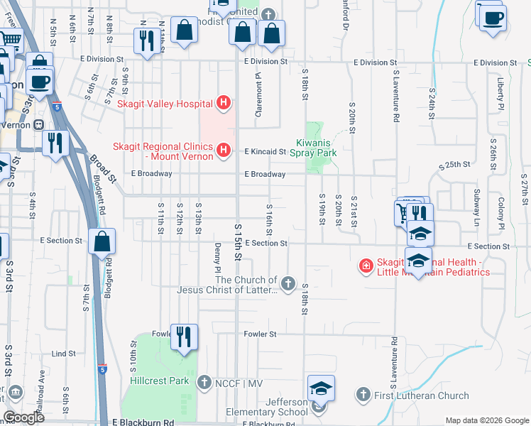 map of restaurants, bars, coffee shops, grocery stores, and more near 1539 Skagit Street in Mount Vernon