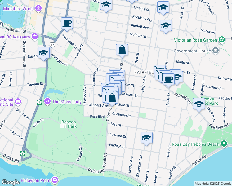 map of restaurants, bars, coffee shops, grocery stores, and more near 351 Cook Street in Victoria