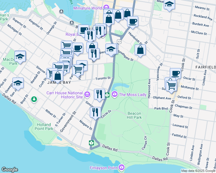 map of restaurants, bars, coffee shops, grocery stores, and more near 360 Douglas Street in Victoria