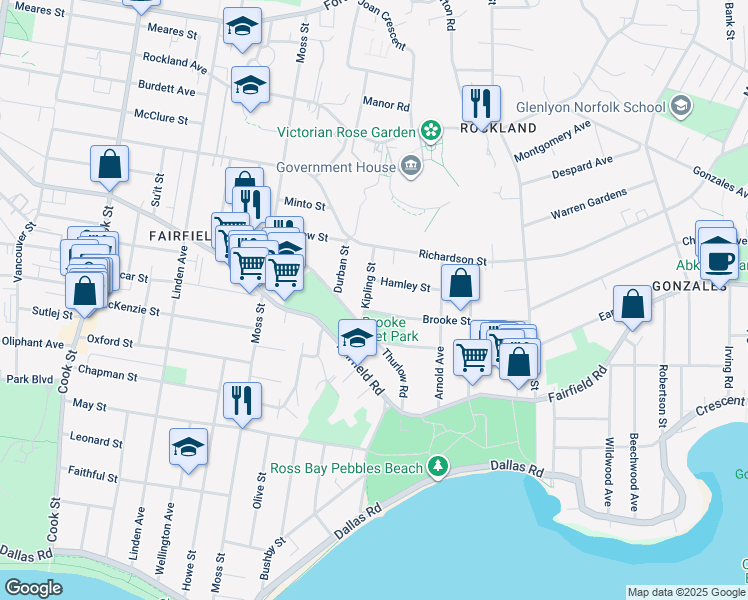 map of restaurants, bars, coffee shops, grocery stores, and more near 425 Kipling Street in Victoria