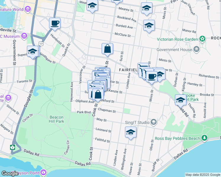 map of restaurants, bars, coffee shops, grocery stores, and more near 351 Cook Street in Victoria