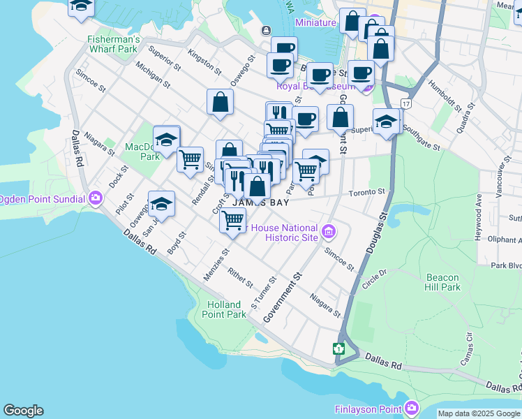 map of restaurants, bars, coffee shops, grocery stores, and more near 508 Toronto Street in Victoria