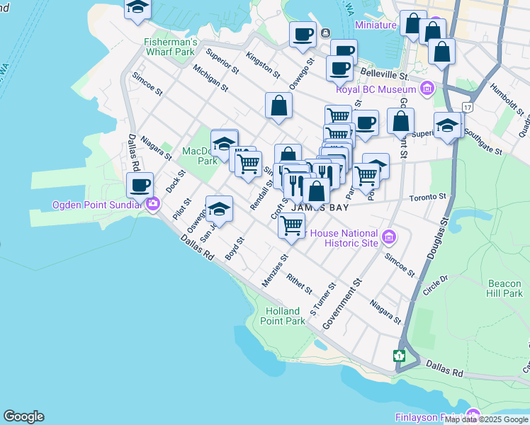 map of restaurants, bars, coffee shops, grocery stores, and more near 114 Rendall Street in Victoria