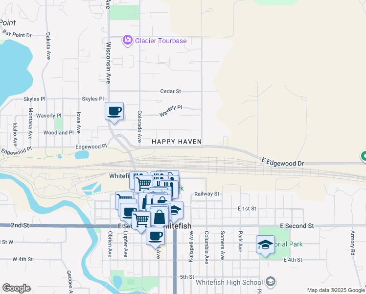 map of restaurants, bars, coffee shops, grocery stores, and more near 796 Edgewood Pl in Whitefish