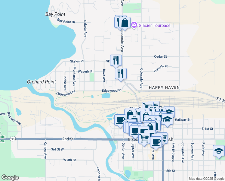 map of restaurants, bars, coffee shops, grocery stores, and more near 527 Edgewood Place in Whitefish