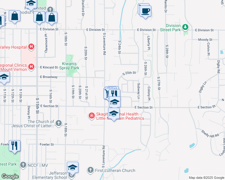 map of restaurants, bars, coffee shops, grocery stores, and more near 906 South 22nd Court in Mount Vernon
