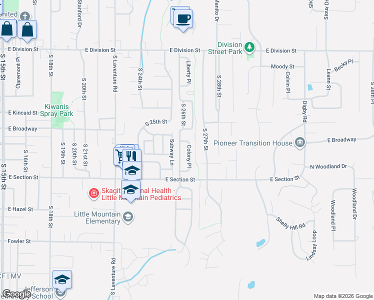 map of restaurants, bars, coffee shops, grocery stores, and more near Colony Pl in Mt Vernon