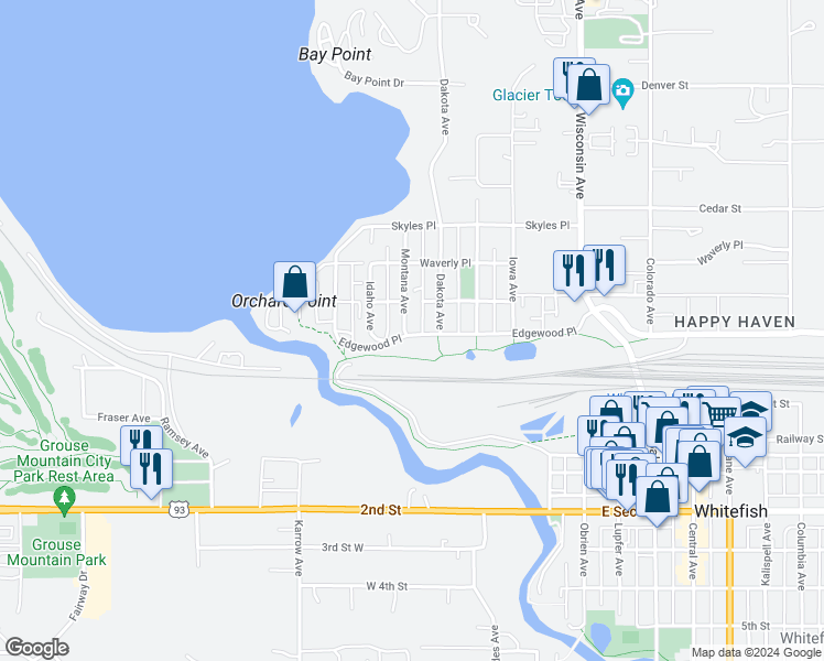 map of restaurants, bars, coffee shops, grocery stores, and more near 312 Edgewood Place in Whitefish