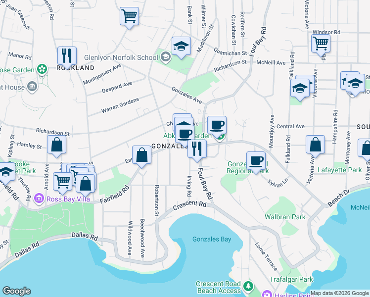 map of restaurants, bars, coffee shops, grocery stores, and more near 1865 Fairfield Road in Victoria
