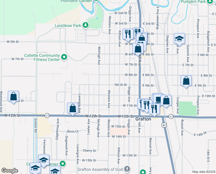 map of restaurants, bars, coffee shops, grocery stores, and more near 300-398 West 9th Street in Grafton