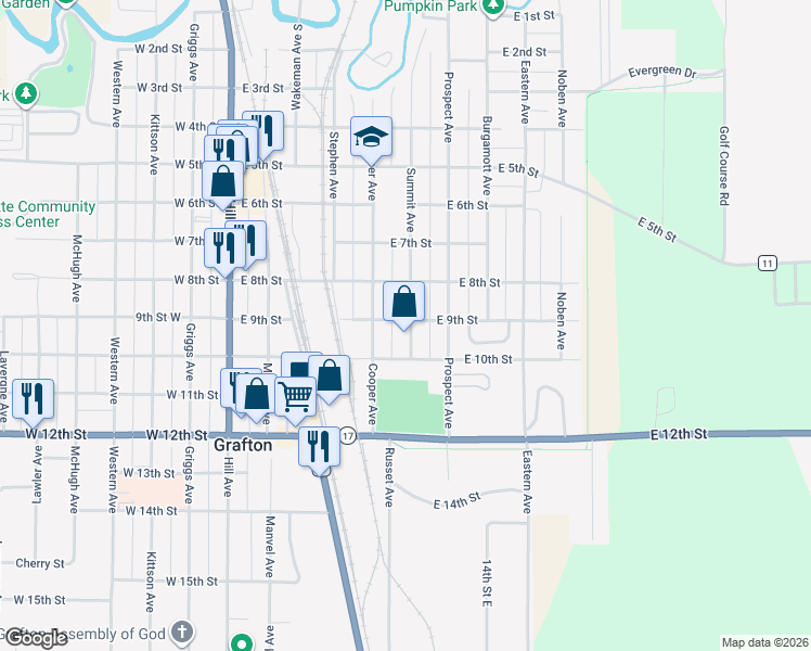 map of restaurants, bars, coffee shops, grocery stores, and more near 840-898 Summit Avenue in Grafton