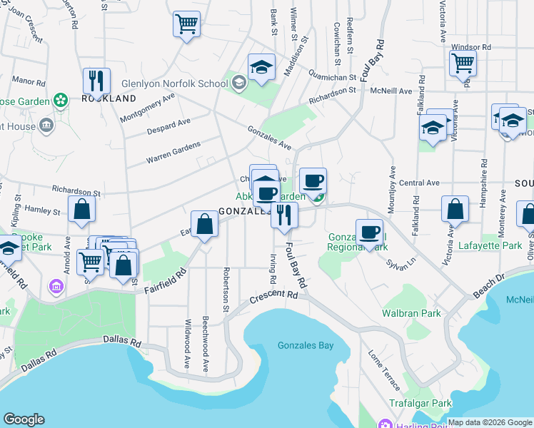map of restaurants, bars, coffee shops, grocery stores, and more near 1865 Fairfield Road in Victoria