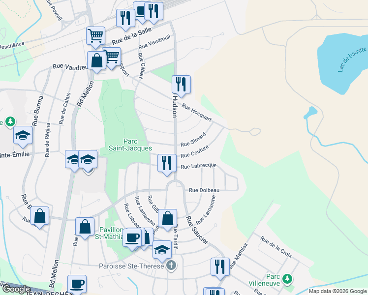 map of restaurants, bars, coffee shops, grocery stores, and more near 2709 Rue Simard in Saguenay