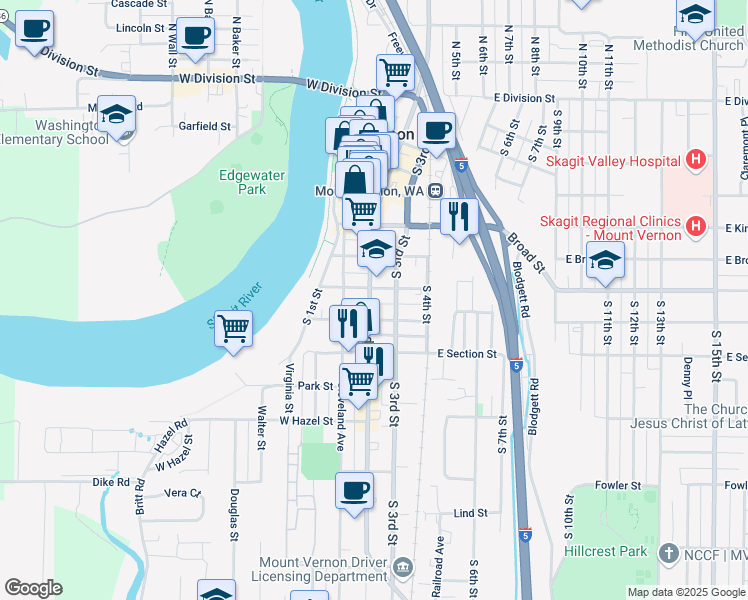 map of restaurants, bars, coffee shops, grocery stores, and more near 1003 South 3rd Street in Mount Vernon