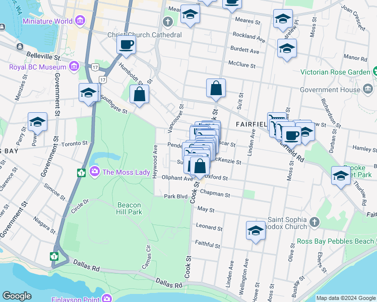 map of restaurants, bars, coffee shops, grocery stores, and more near in Victoria