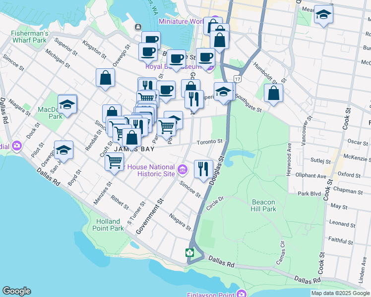 map of restaurants, bars, coffee shops, grocery stores, and more near 270 Government Street in Victoria