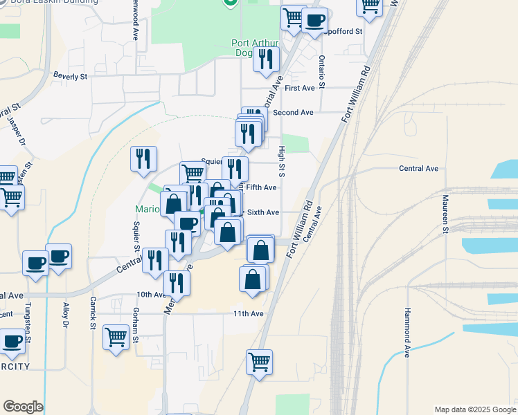 map of restaurants, bars, coffee shops, grocery stores, and more near 414 Sixth Avenue in Thunder Bay