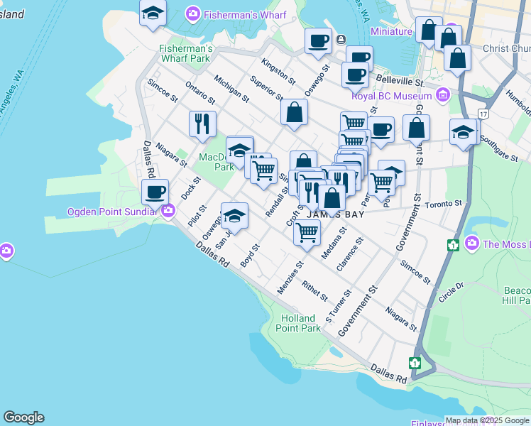 map of restaurants, bars, coffee shops, grocery stores, and more near 114 Rendall Street in Victoria