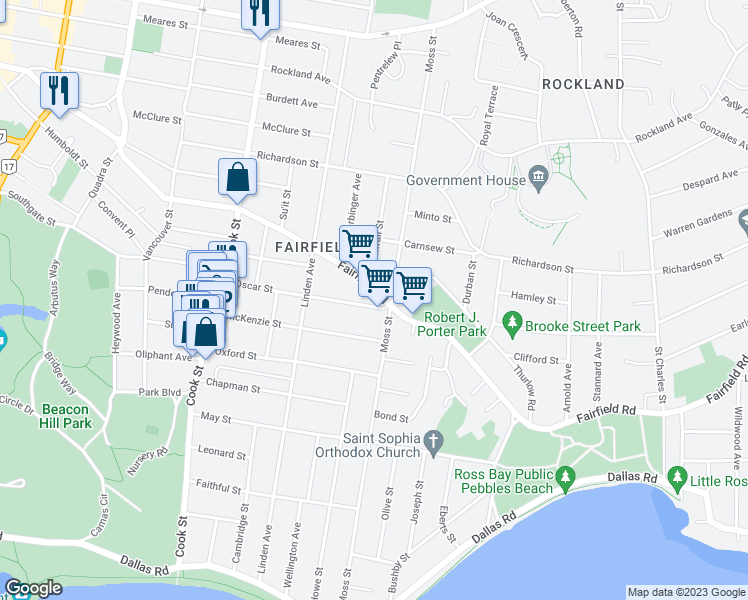 map of restaurants, bars, coffee shops, grocery stores, and more near 1273 Fairfield Road in Victoria