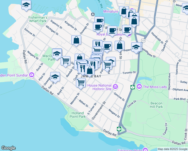 map of restaurants, bars, coffee shops, grocery stores, and more near 508 Toronto Street in Victoria
