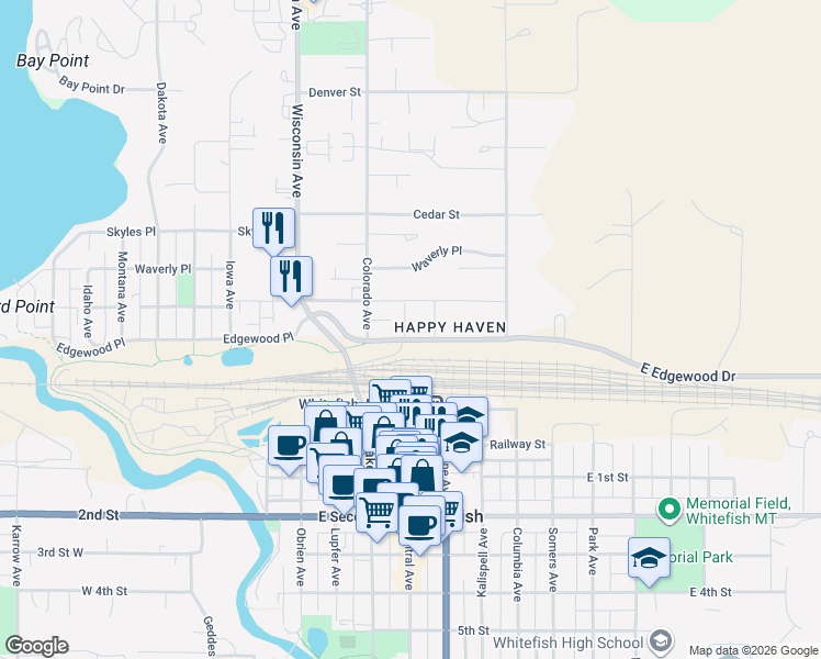 map of restaurants, bars, coffee shops, grocery stores, and more near 746-796 Edgewood Place in Whitefish