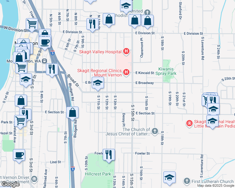 map of restaurants, bars, coffee shops, grocery stores, and more near 1302 Broad Street in Mount Vernon