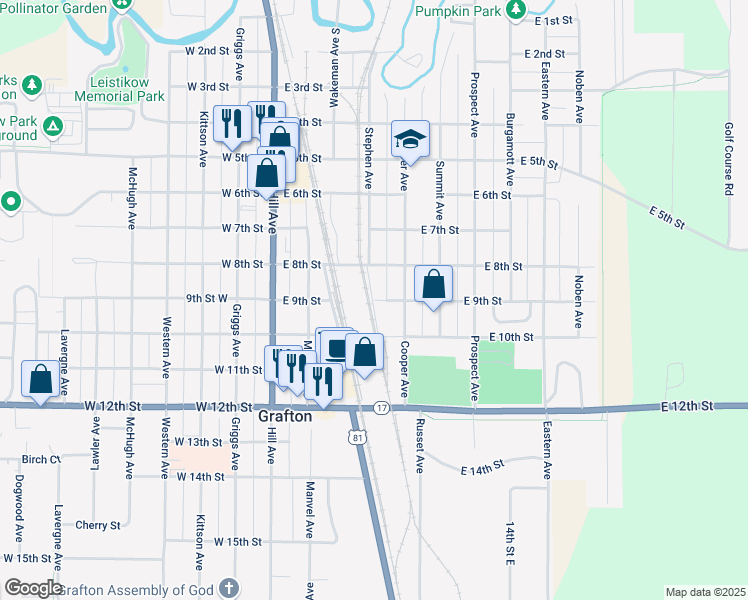 map of restaurants, bars, coffee shops, grocery stores, and more near 201 East 9th Street in Grafton