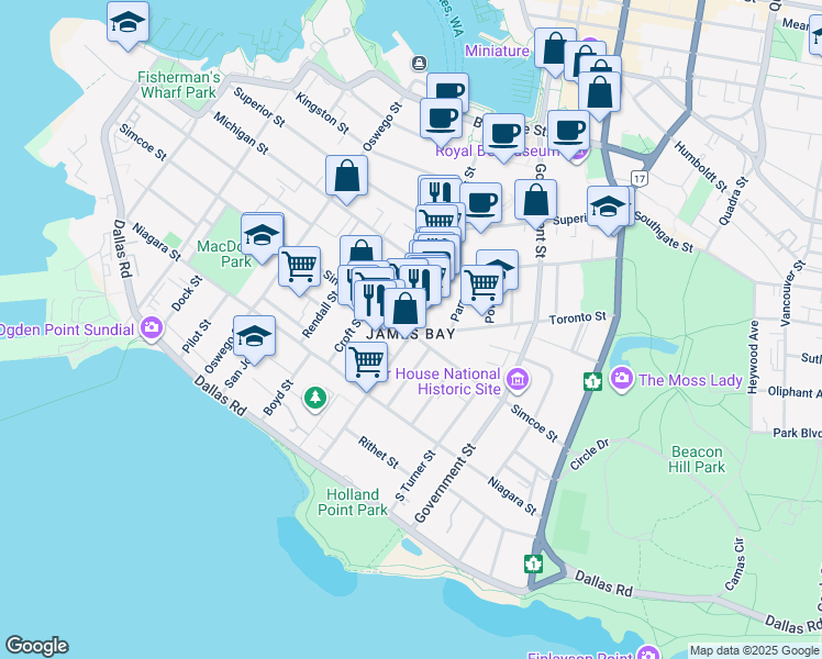 map of restaurants, bars, coffee shops, grocery stores, and more near 508 Toronto Street in Victoria