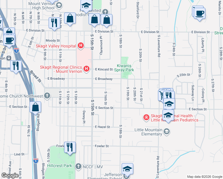 map of restaurants, bars, coffee shops, grocery stores, and more near 1010 South 16th Street in Mount Vernon