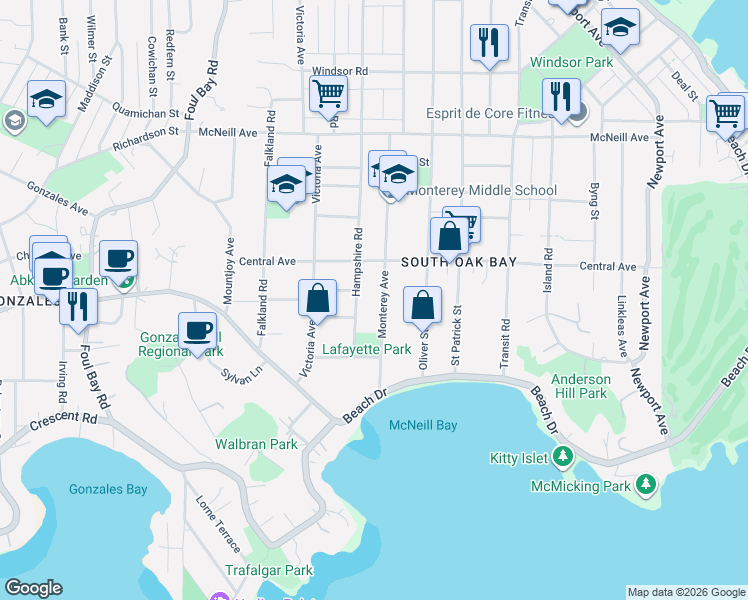 map of restaurants, bars, coffee shops, grocery stores, and more near 614 Monterey Avenue in Victoria