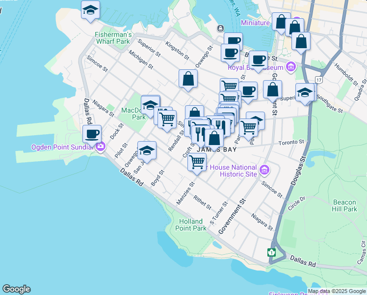 map of restaurants, bars, coffee shops, grocery stores, and more near 128 Croft Street in Victoria
