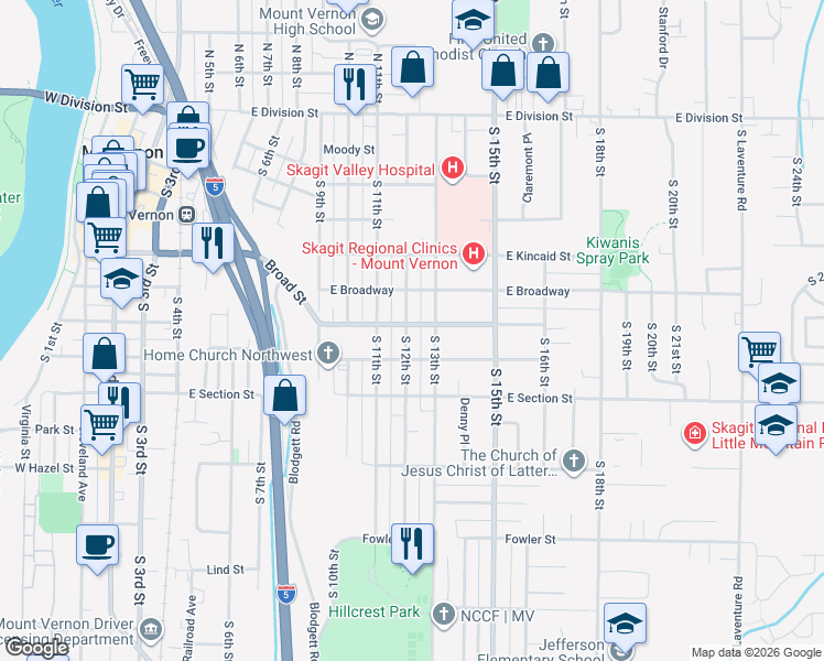 map of restaurants, bars, coffee shops, grocery stores, and more near 1003 South 12th Street in Mount Vernon