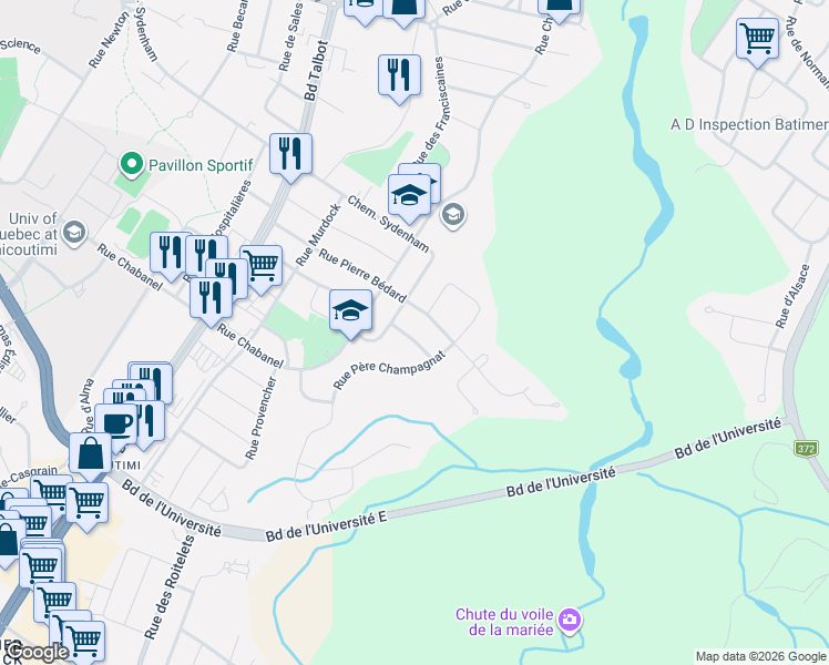 map of restaurants, bars, coffee shops, grocery stores, and more near 995 Rue Beauchamp in Saguenay