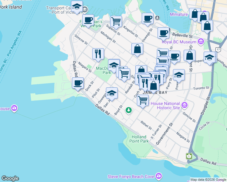 map of restaurants, bars, coffee shops, grocery stores, and more near 78 San Jose Avenue in Victoria