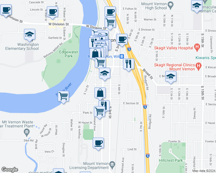map of restaurants, bars, coffee shops, grocery stores, and more near 1003 South 3rd Street in Mount Vernon