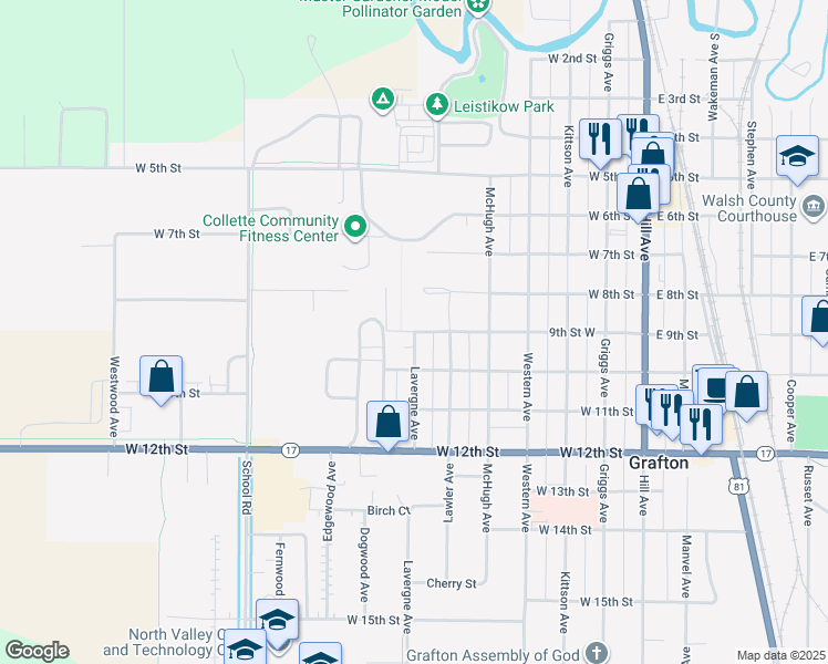 map of restaurants, bars, coffee shops, grocery stores, and more near 600 9th Street West in Grafton
