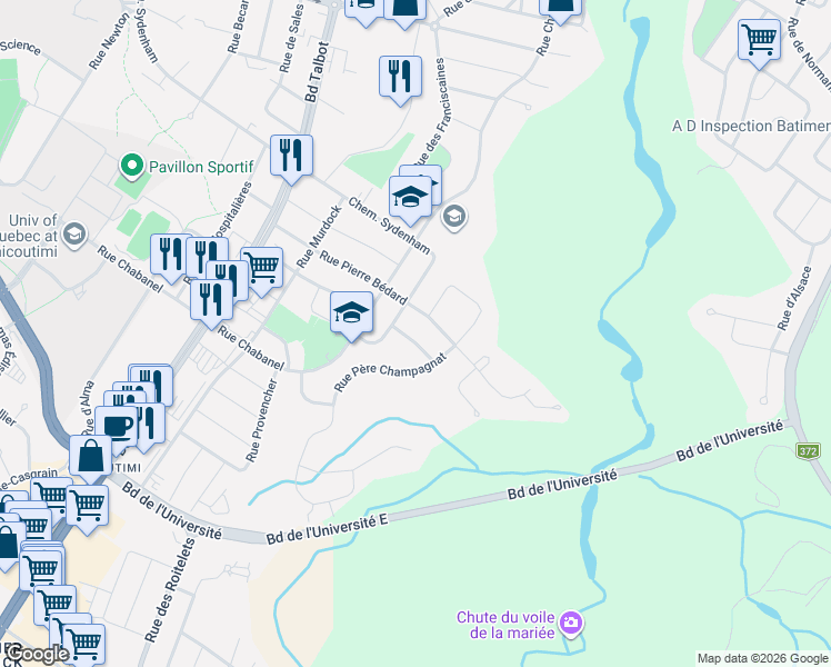 map of restaurants, bars, coffee shops, grocery stores, and more near 995 Rue Beauchamp in Saguenay