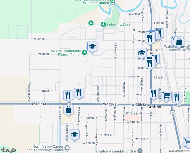 map of restaurants, bars, coffee shops, grocery stores, and more near 600-698 West 9th Street in Grafton