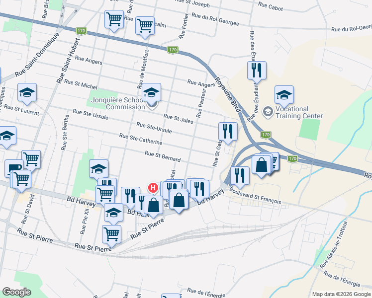 map of restaurants, bars, coffee shops, grocery stores, and more near 3595 Rue Sainte Catherine in Saguenay