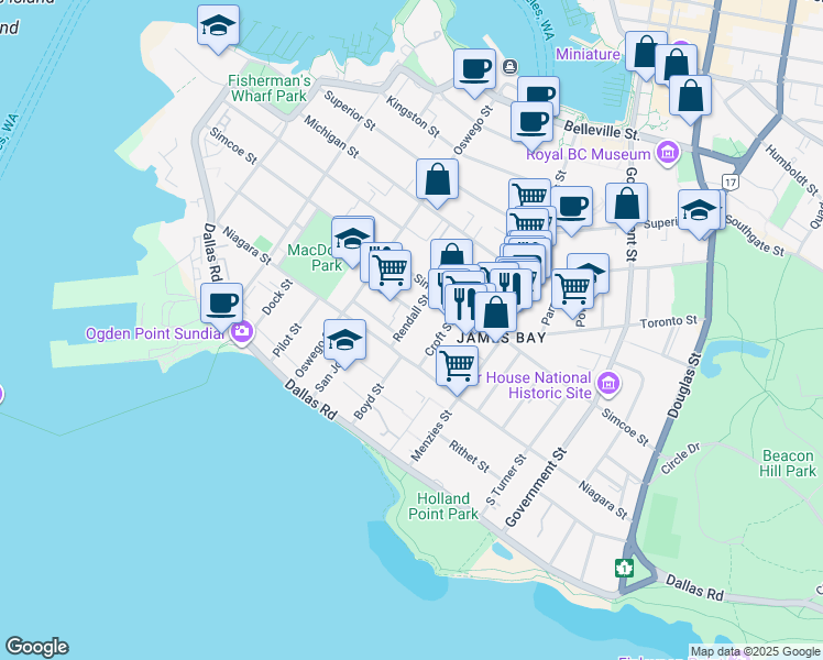 map of restaurants, bars, coffee shops, grocery stores, and more near 121 Rendall Street in Victoria