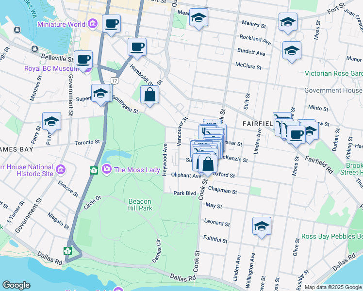 map of restaurants, bars, coffee shops, grocery stores, and more near 351 Vancouver Street in Victoria