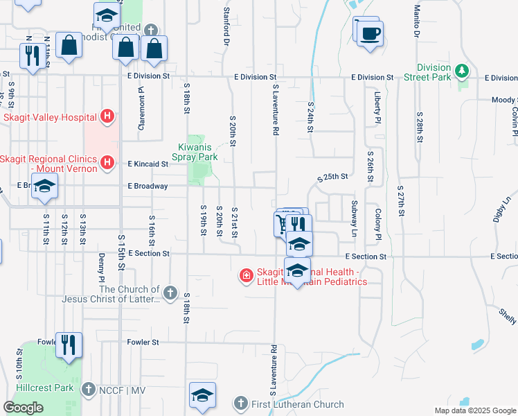 map of restaurants, bars, coffee shops, grocery stores, and more near 924 South 21st Place in Mount Vernon