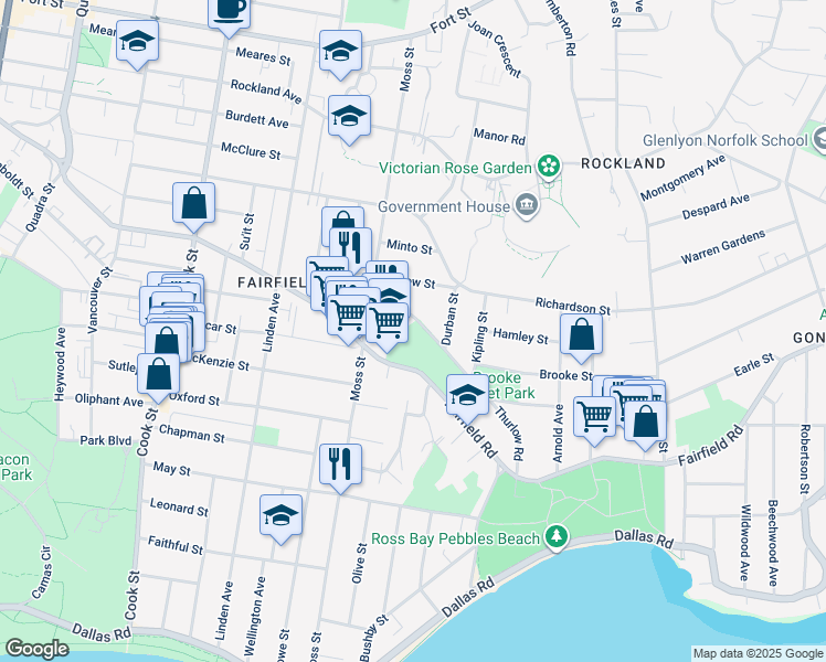 map of restaurants, bars, coffee shops, grocery stores, and more near 1345 Thurlow Road in Victoria