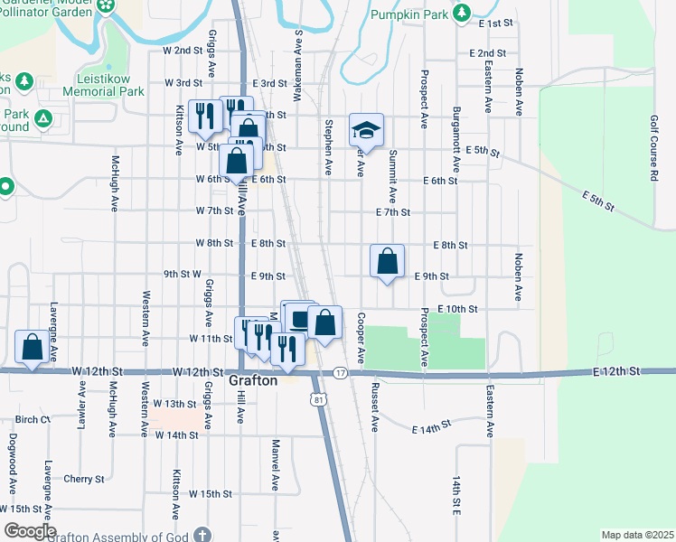 map of restaurants, bars, coffee shops, grocery stores, and more near 201 East 9th Street in Grafton