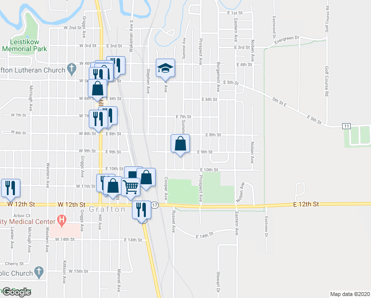 map of restaurants, bars, coffee shops, grocery stores, and more near 840 Summit Avenue in Grafton