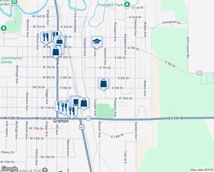 map of restaurants, bars, coffee shops, grocery stores, and more near 840 Summit Avenue in Grafton