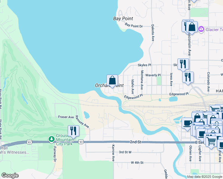 map of restaurants, bars, coffee shops, grocery stores, and more near 20 Oregon Avenue in Whitefish