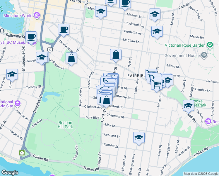 map of restaurants, bars, coffee shops, grocery stores, and more near 324 Cook Street in Victoria